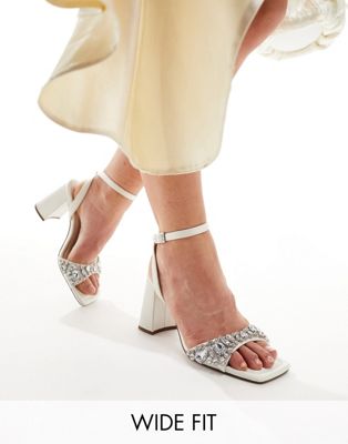 Wide Fit Hotel embellished barely there block heeled sandals in ivory