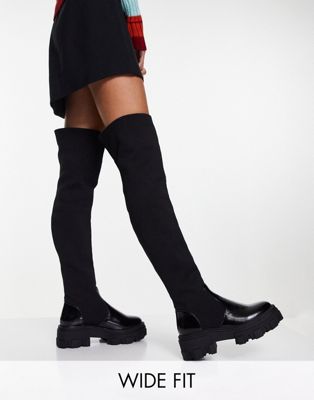 Wide Fit Kimmy flat chunky over the knee boots in black