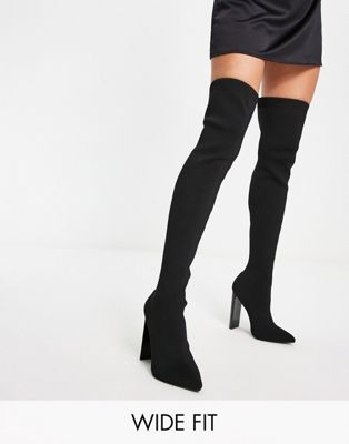 Wide Fit Kylee high-heeled knitted over the knee boots in black