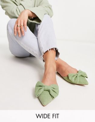Wide Fit Lass oversized bow pointed flat mules in green tweed
