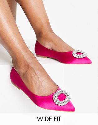Wide Fit Laura embellished pointed ballet flats in pink satin