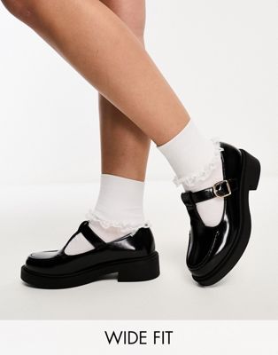 Wide Fit Margo mary jane flat shoes in black