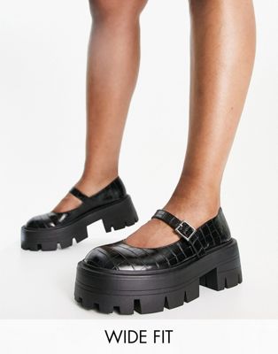 Wide Fit Marilyn chunky mary jane flat shoes in black