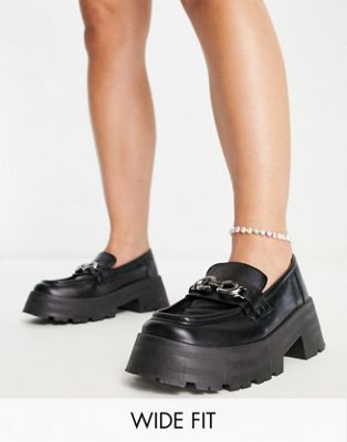 Wide Fit Mercury chunky loafers with chain in black
