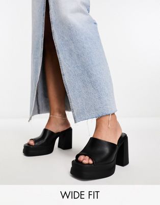 Wide Fit Nevada chunky platform high heeled mules in black