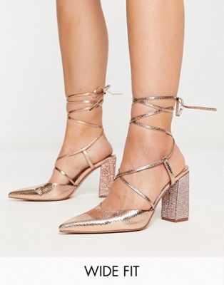 Wide Fit Pandi embellished tie leg block heeled shoes in rose gold