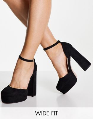 Wide Fit Priority platform high block heeled shoes in black