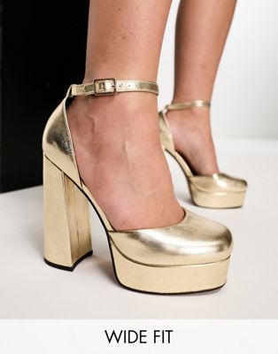 Wide Fit Priority platform high heeled shoes in gold