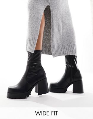 Wide Fit Retreat mid-heeled sock boots in black