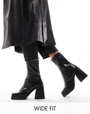 Wide Fit Rover heeled leather boots in black