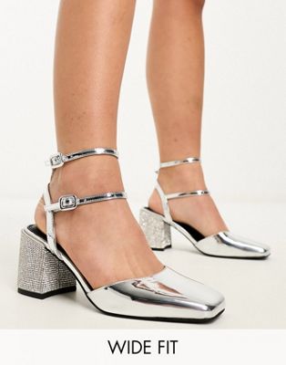Wide Fit Saffy embellished block heeled mid shoes in silver