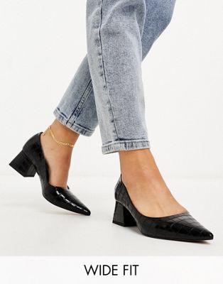 Wide Fit Saint block mid heeled shoes in black