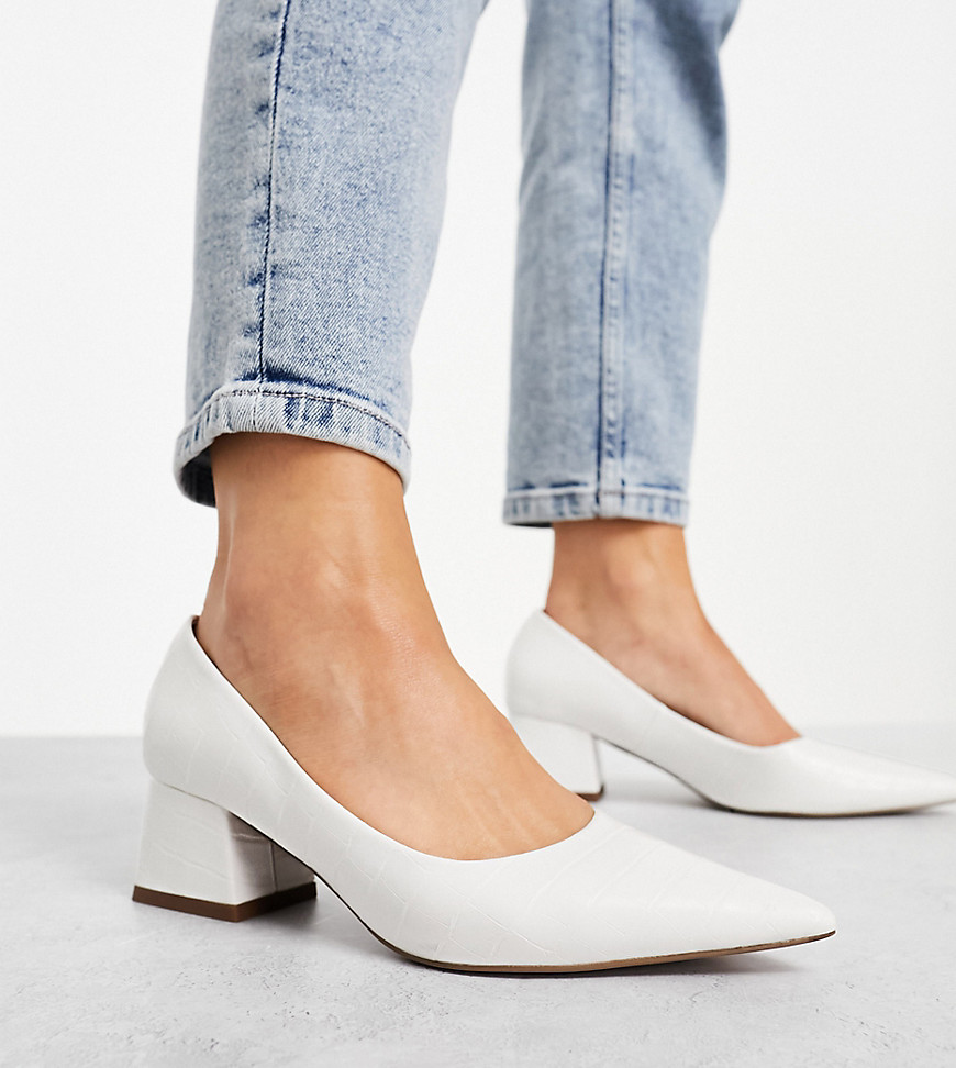 ASOS DESIGN Wide Fit Saint block mid heeled shoes in off white croc