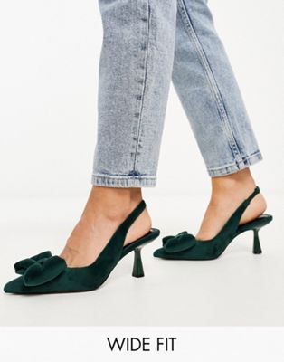 Wide Fit Scarlett bow detail mid heeled shoes in green