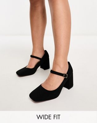 Wide Fit Selene mary jane mid block heeled shoes in black