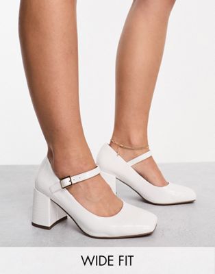 Wide Fit Selene mary jane mid block heeled shoes in white croc