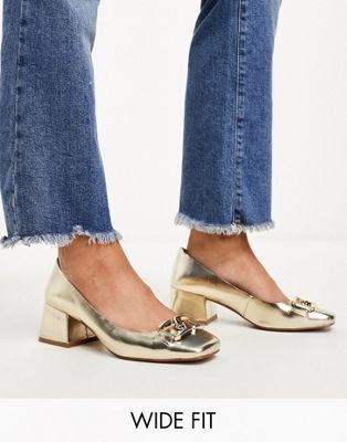 Wide Fit Skylar chain detail mid heeled shoes in gold
