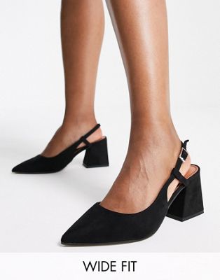 Wide Fit Sydney slingback mid block heeled shoes in black