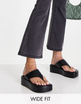 Wide Fit Tamari leather toe thong flatform sandals in black