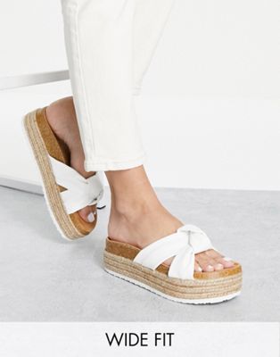 Wide Fit Teegan knotted flatform sandals in white