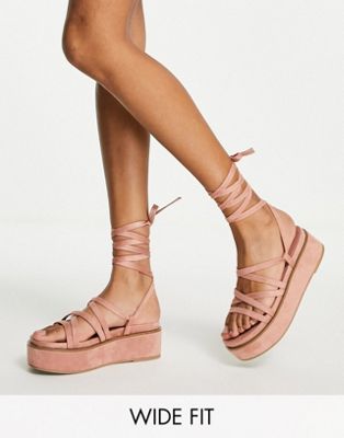 Wide Fit Total tie leg flatform sandals in taupe