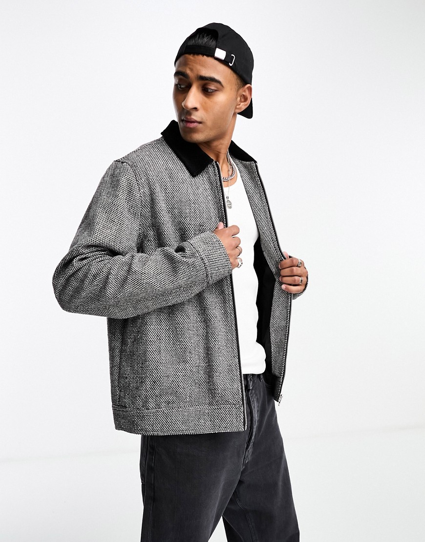 ASOS DESIGN wool look textured harrington jacket with cord collar in grey-Black