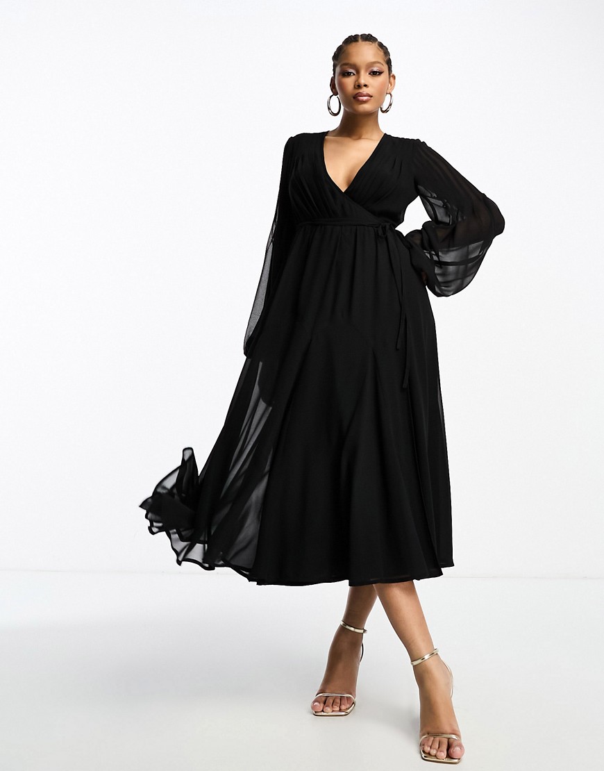 ASOS DESIGN wrap balloon sleeve midi dress with tie waist detail in black