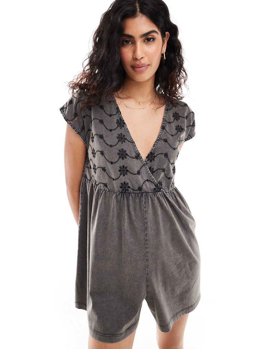 ASOS DESIGN wrap front playsuit with black embroidery in grey wash