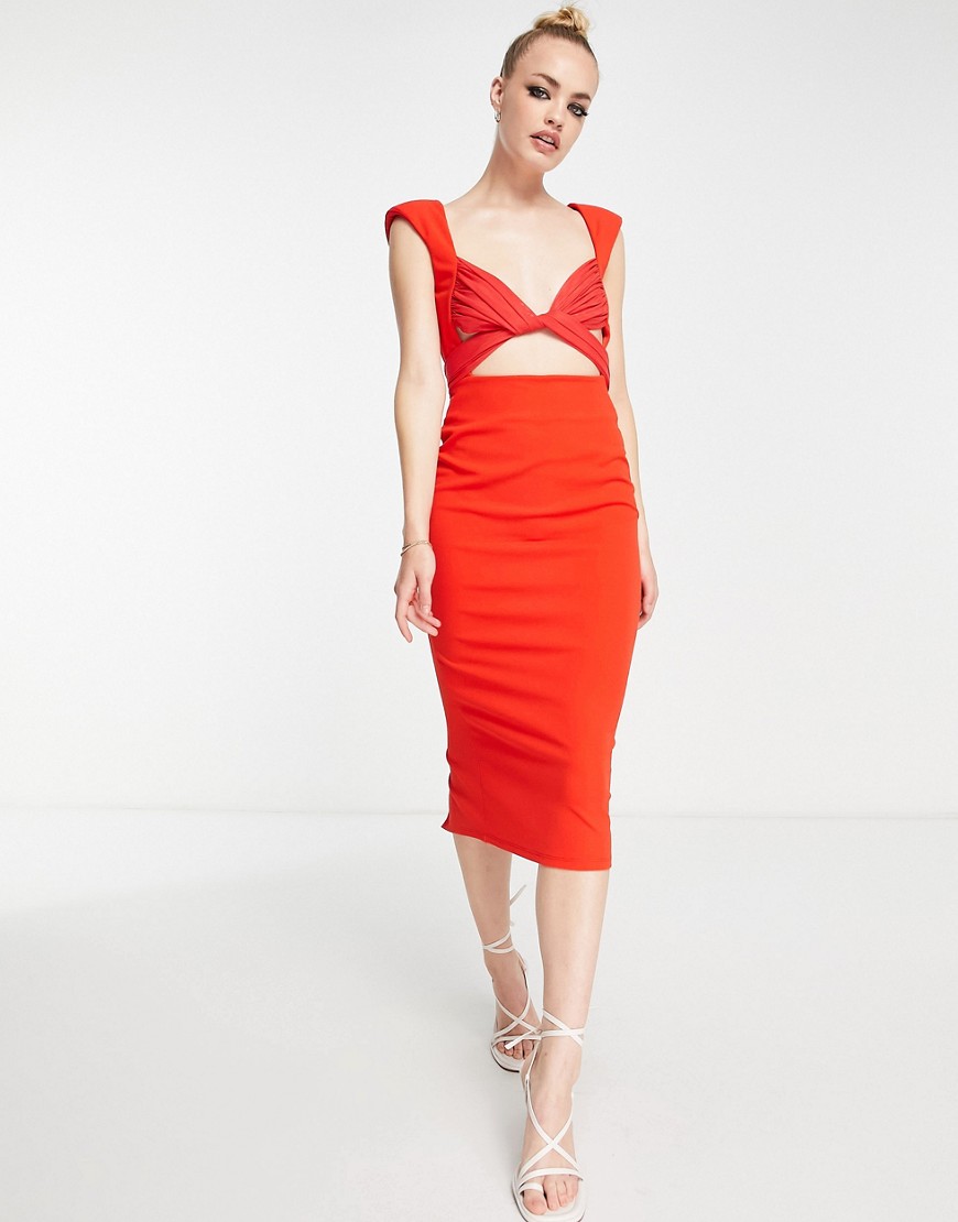 ASOS DESIGN wrap front shoulder pad midi dress in hot red