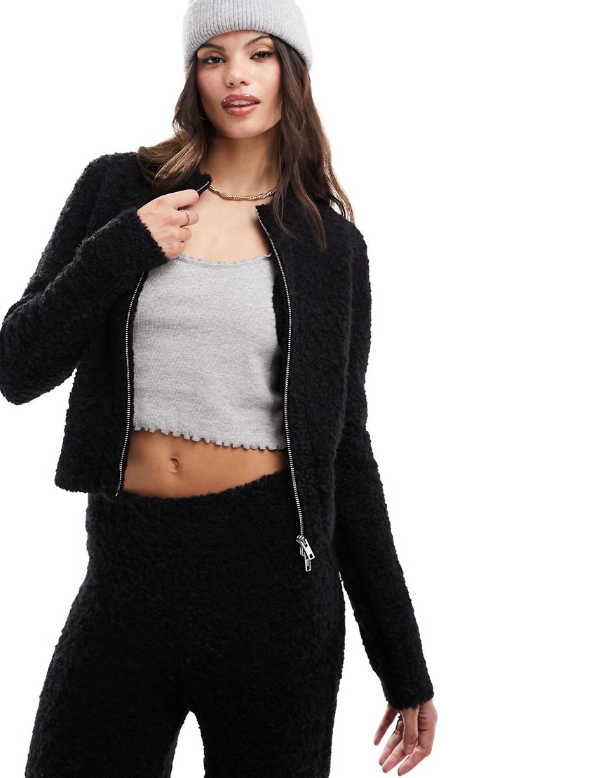 ASOS DESIGN zip through cardigan in fluffy yarn co-ord in black