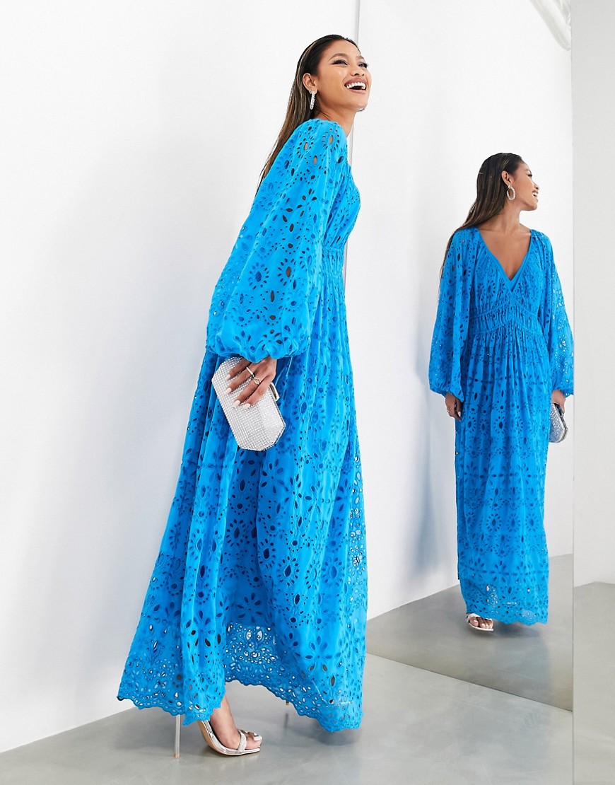 ASOS EDITION broderie oversized v neck smock maxi dress in bright blue