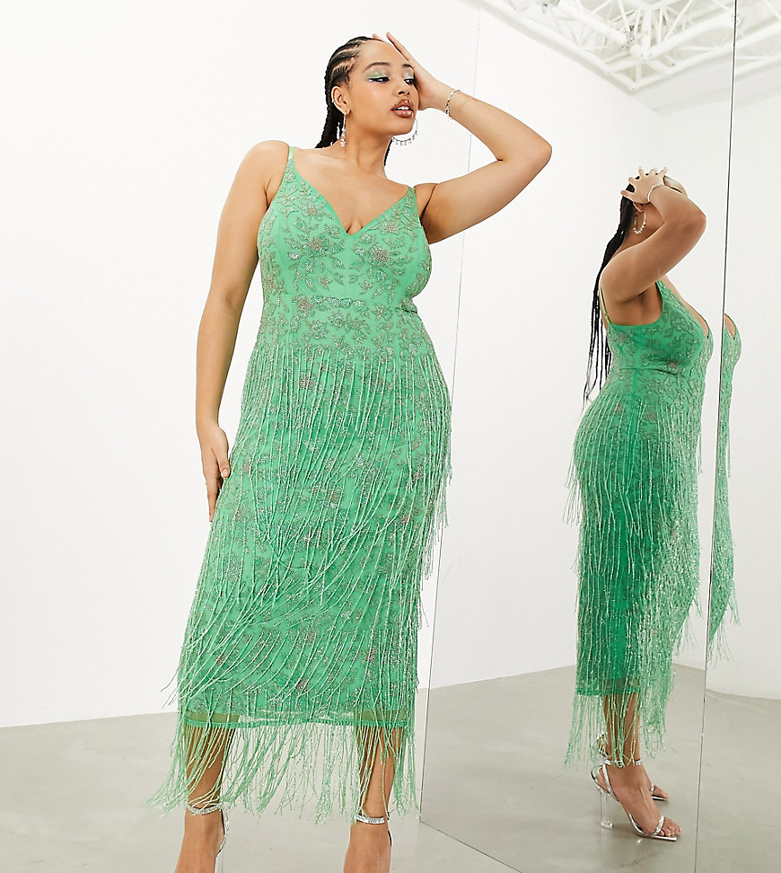 ASOS EDITION Curve floral midi dress with beaded fringe in green