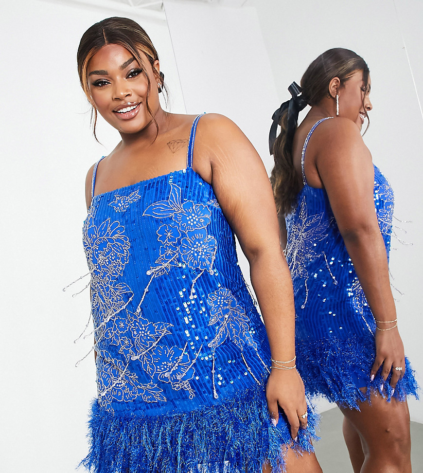 ASOS EDITION Curve floral sequin and bead mini dress with faux feather hem in bright blue
