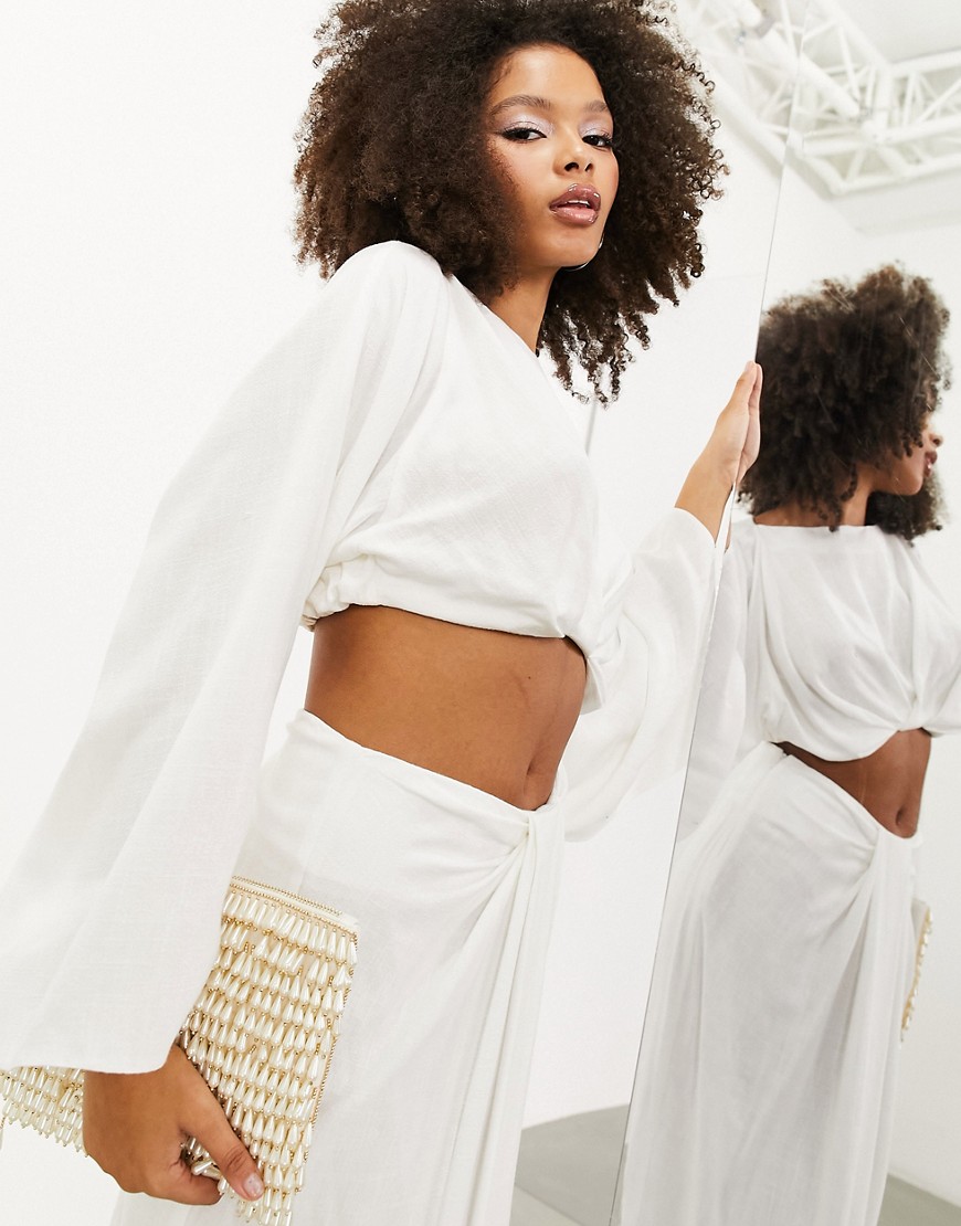 ASOS EDITION drape front linen long sleeve crop top in white