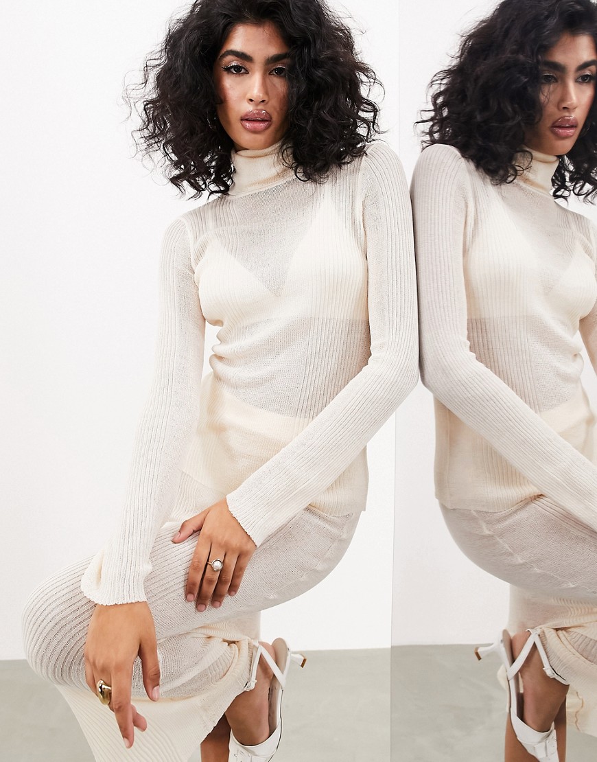 ASOS EDITION fine knit roll neck long sleeve top in cream-Neutral