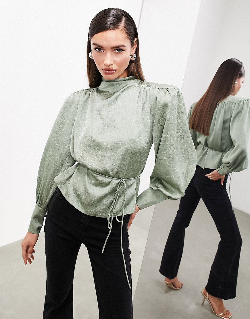 ASOS EDITION hammered satin bold shoulder cropped blouse with removable tie in sage green-Black