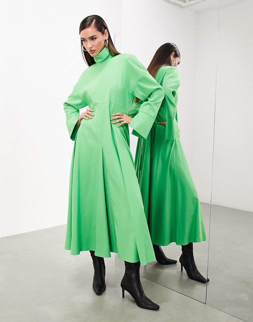 ASOS EDITION high neck long sleeve ruched back detail dress in bright green-Black