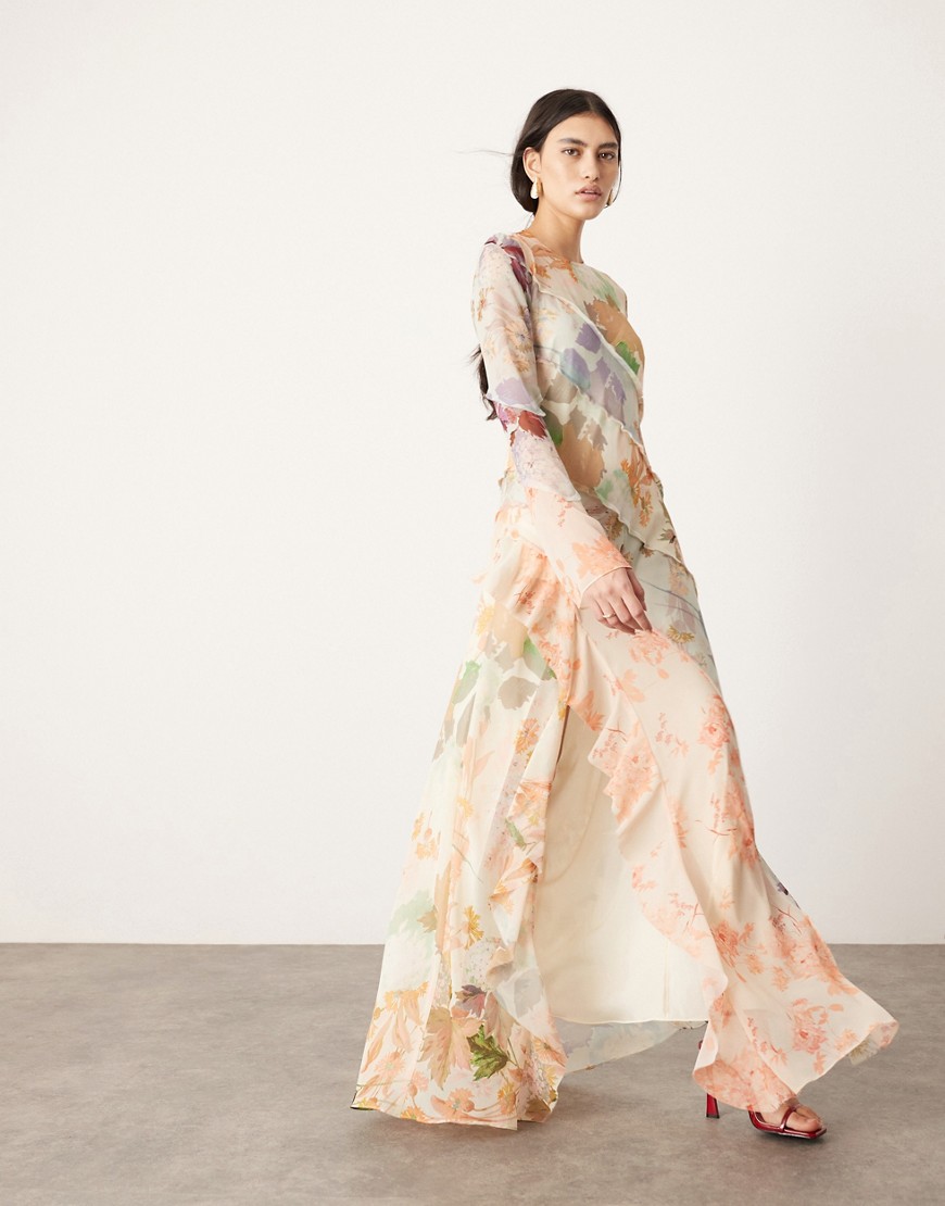 ASOS EDITION long sleeve bias panelled maxi dress in pink floral print-Multi