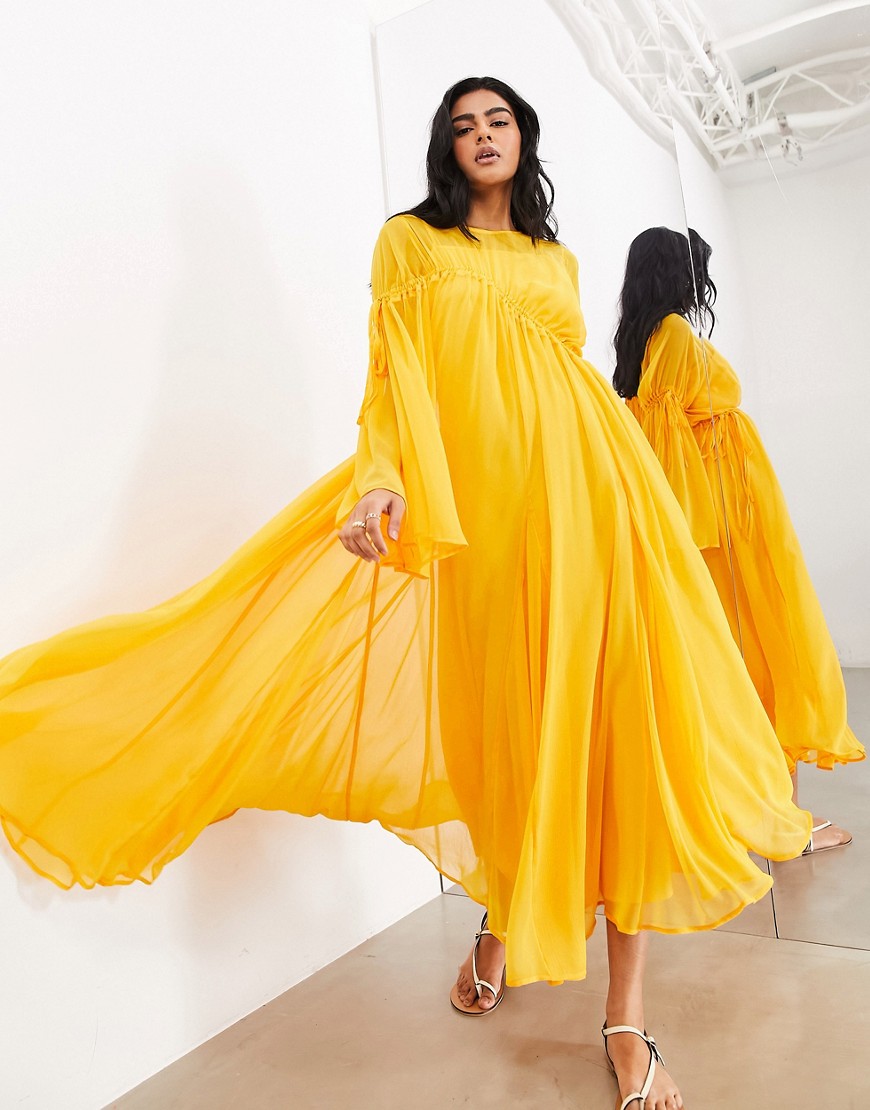 ASOS EDITION long sleeve chiffon maxi dress with gathered detail in orange