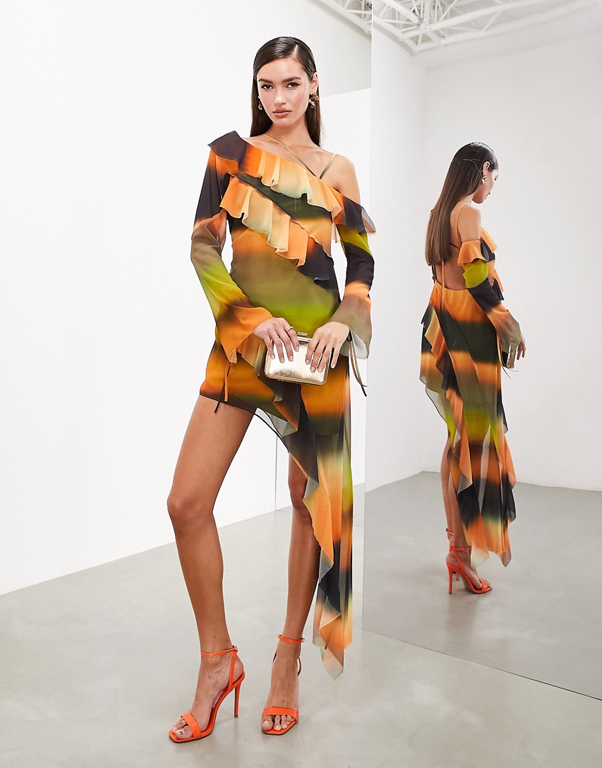 ASOS EDITION panelled one shoulder mini dress in sunset stripe-Multi