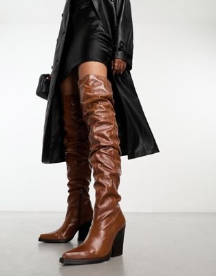 ASOS EDITION premium leather slouchy knee boot in brown