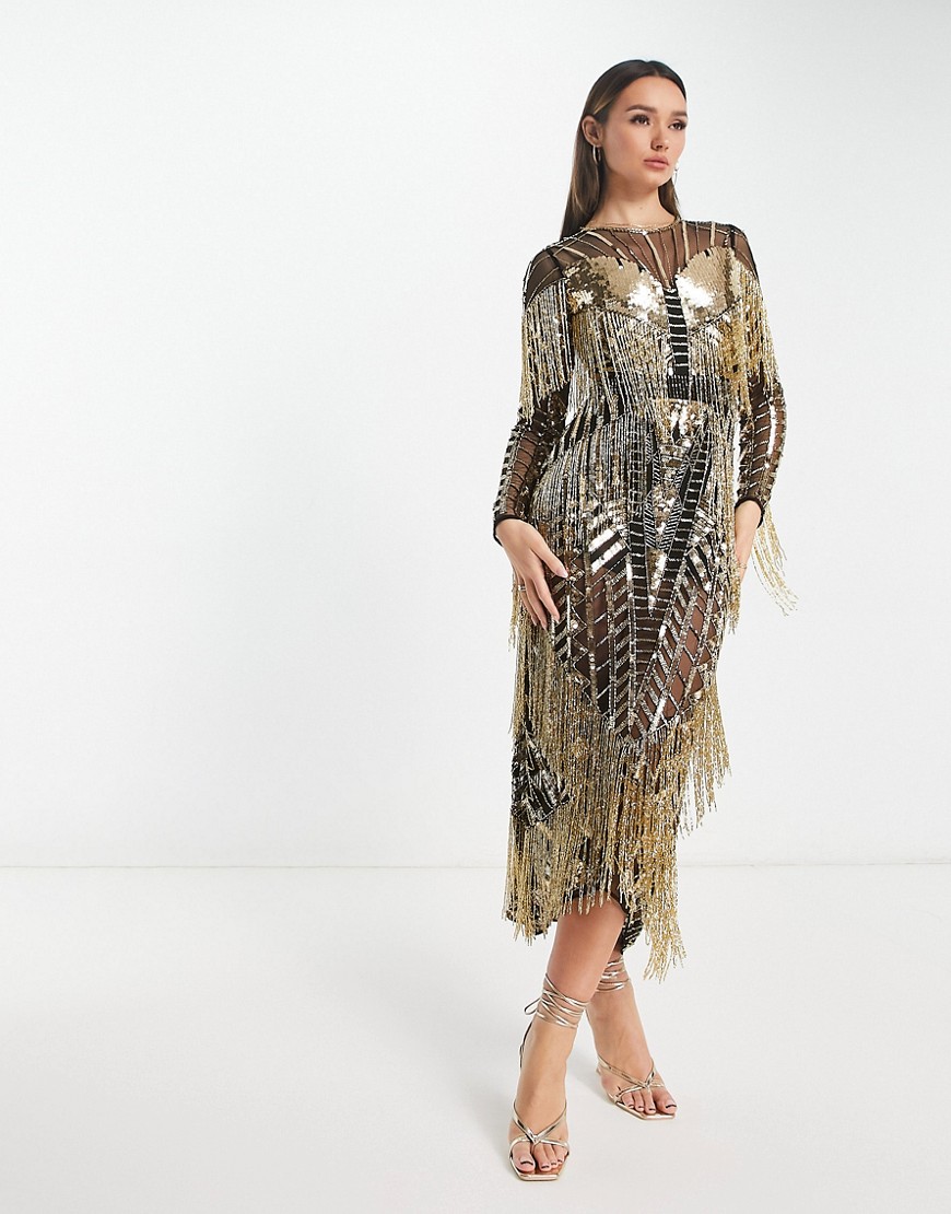 ASOS EDITION sequin and fringe artwork long sleeve bodycon midi dress in black