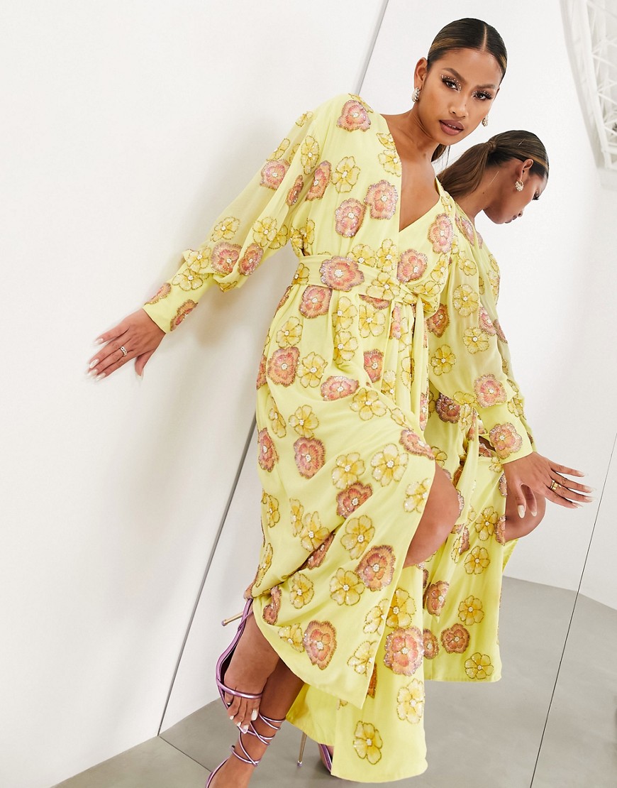 ASOS EDITION sequin floral wrap midi dress in yellow