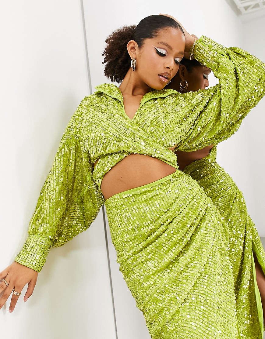 ASOS EDITION slouchy sequin wrap front shirt in lime green
