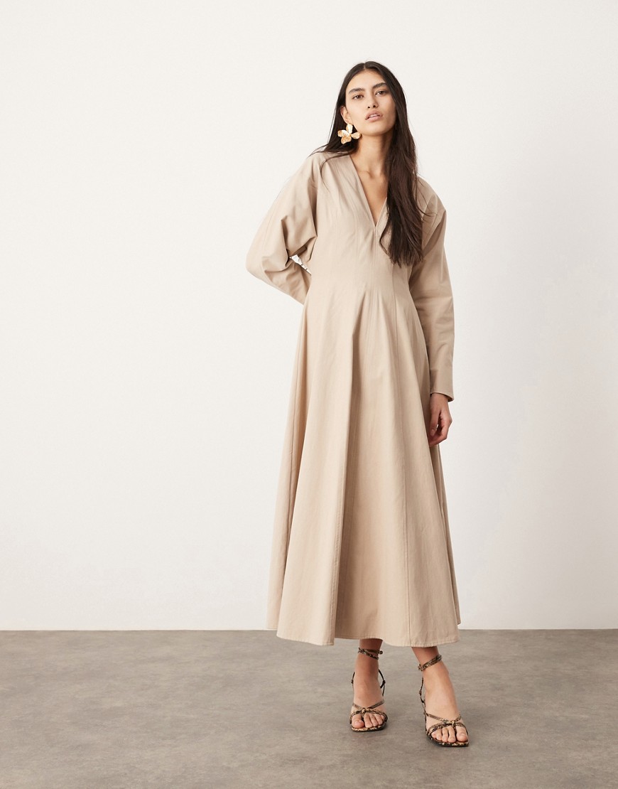 ASOS EDITION v neck long sleeve midaxi dress in stone-Neutral