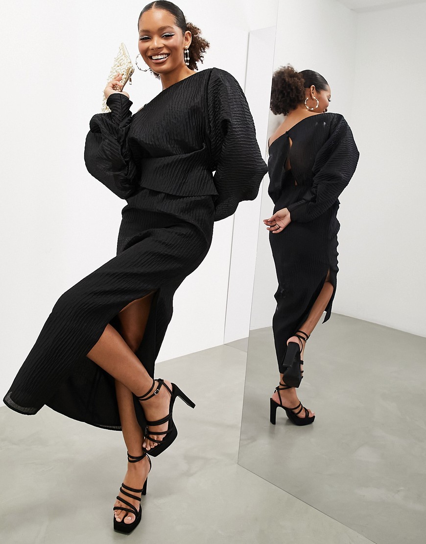 ASOS EDITION volume plisse long sleeve maxi dress in black