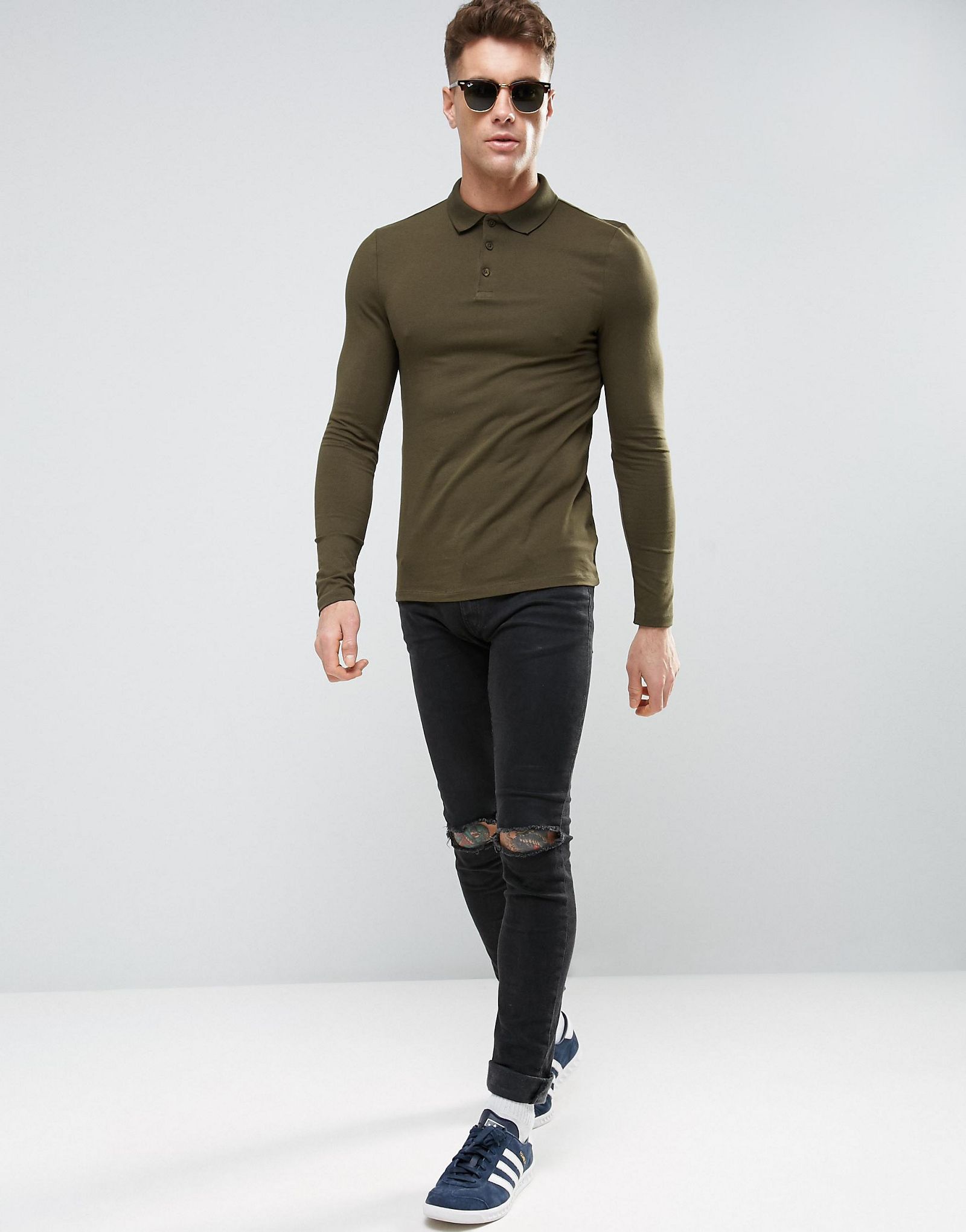 ASOS Extreme Muscle Long Sleeve Polo In Green