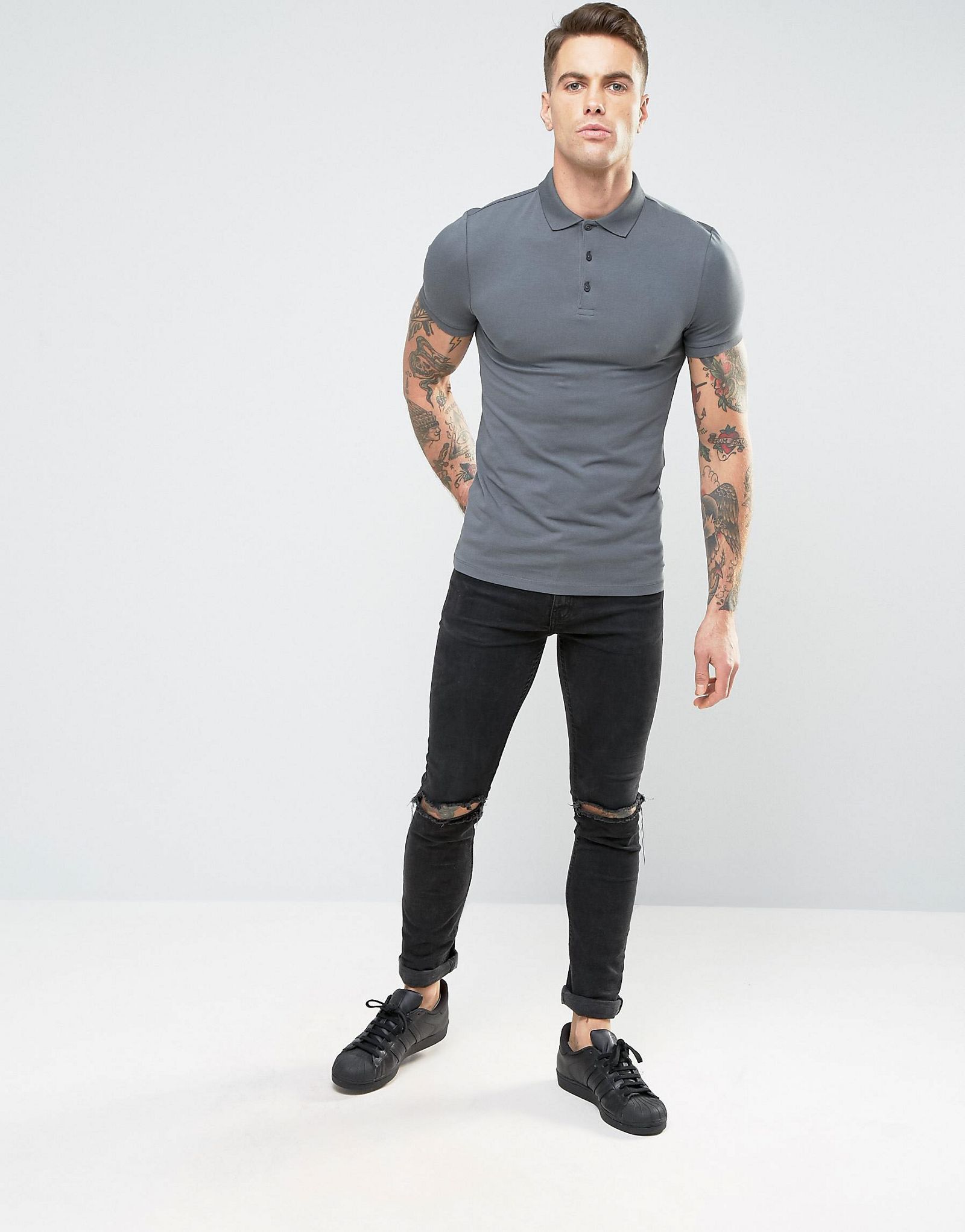 ASOS Extreme Muscle Polo Shirt In Grey