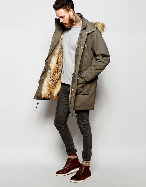ASOS | ASOS Faux Fur Lined Parka Jacket In Khaki