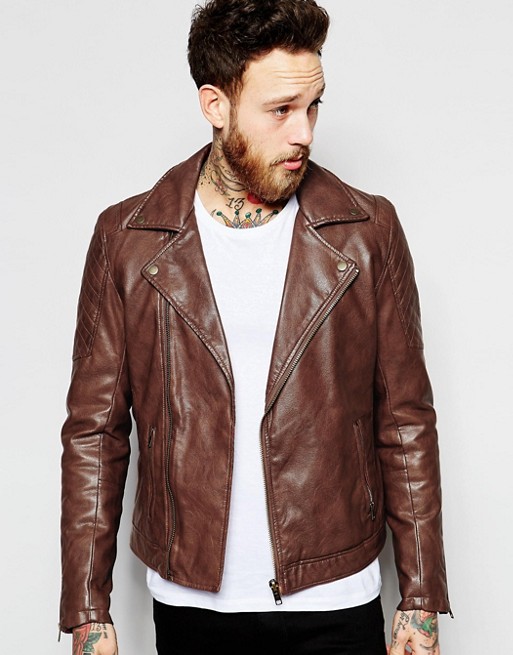 ASOS | ASOS Faux Leather Biker Jacket In Brown